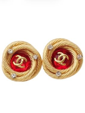 Chanel red gripoix glasses clip-on button earrings